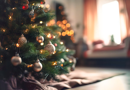 Decorated Christmas tree in living room with bokeh lightsの素材