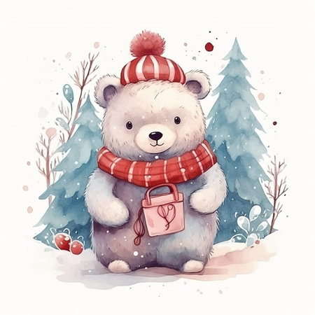 Cute teddy bear in winter forest. Watercolor illustration.の素材