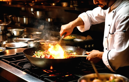 Chef cooking with flame in a frying pan on a kitchen stove, Chef in restaurant kitchen at stove with panの素材