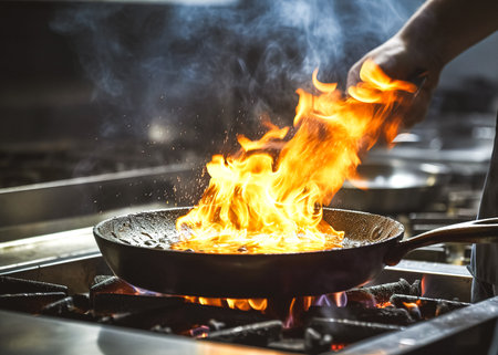 Chef cooking with flame in a frying pan on a kitchen stove, Chef in restaurant kitchen at stove with panの素材