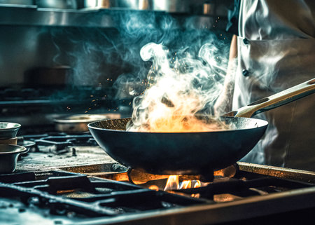 Chef cooking with flame in a frying pan on a kitchen stove, Chef in restaurant kitchen at stove with panの素材