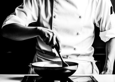 chef preparing food, chef cooking in a kitchen, chef at work, Black and Whiteの素材
