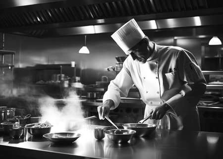 chef preparing food, chef cooking in a kitchen, chef at work, Black and Whiteの素材