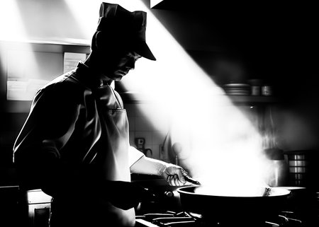 chef preparing food, chef cooking in a kitchen, chef at work, Black and Whiteの素材