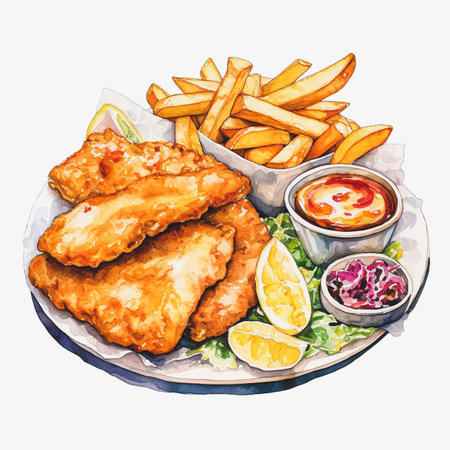 Fried fish and chips on plate. Hand drawn watercolor illustrationの素材