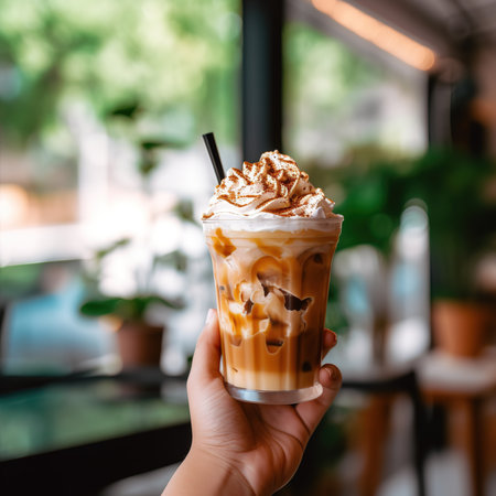 Iced caramel coffee with whipped cream in a glass cup on handの素材