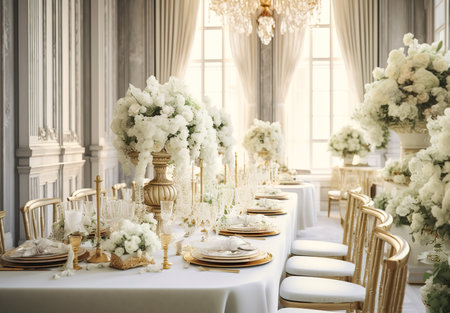 Wedding table decorated with flowers and candles. Luxury interiorの素材