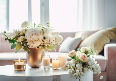 Beautiful flowers in vase and candles on table in living roomの素材