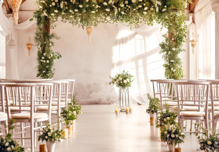 Wedding decor with white chairs and green plants in the interiorの素材