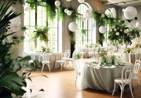 Wedding Banquet hall decorated with flowers and greenery.の素材