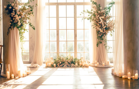 Wedding arch decorated with flowers and candles. Luxury interiorの素材