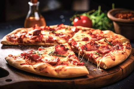 Pizza with mozzarella cheese and bacon on a wooden boardの素材