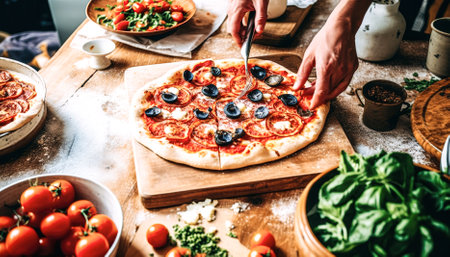 Close-up of female hands cooking pizza with tomatoes and olives.の素材