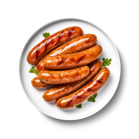 Grilled sausages on plate isolated on white background. Top view.の素材