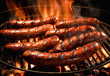 Grilled sausages on the grill with flames and smoke.の素材