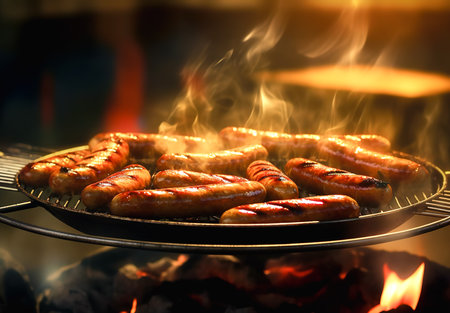 Grilled sausages on the grill with flames on background.の素材