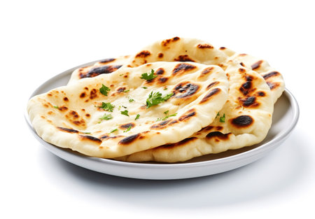 Indian naan bread with parsley on plate isolated on white backgroundの素材