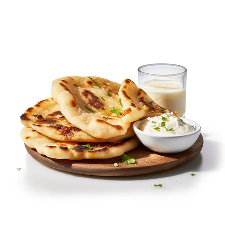 Indian naan bread with sour cream and parsley isolated on white backgroundの素材