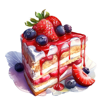 Watercolor illustration of cake with strawberry and blueberry on a white backgroundの素材