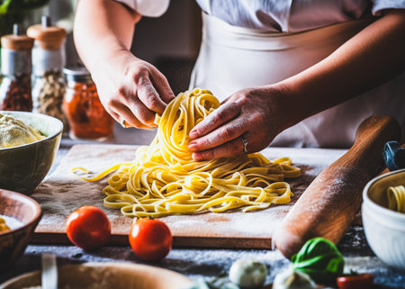 Closeup of woman hands cooking pasta in the kitchen. Food backgroundの素材