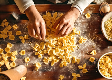 cropped shot of woman cooking pasta on wooden table, focus on handsの素材