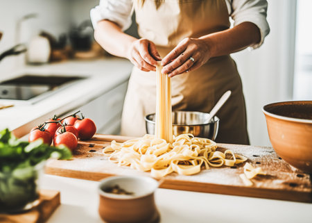 cropped shot of woman cooking pasta with tomato and basil in kitchenの素材
