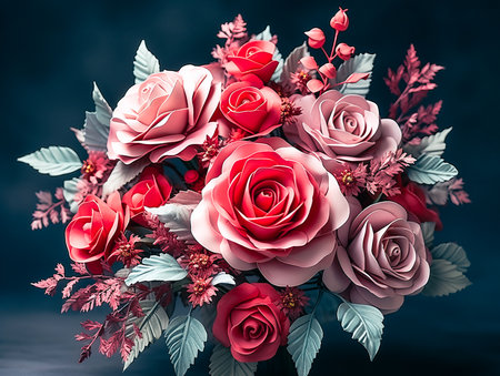 Beautiful bouquet of red and pink roses on a dark backgroundの素材