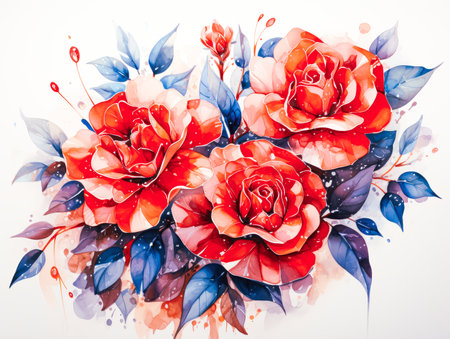 Red roses and blue leaves on white background. Hand drawn watercolor illustration.の素材