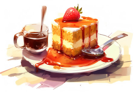 Piece of cheesecake with strawberries and a cup of coffee.の素材
