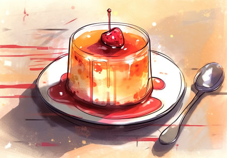 Illustration of a Panna Cotta with Cherry Sauce and Spoonの素材