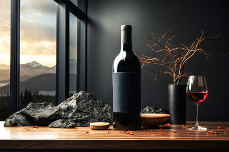 Bottle of red wine and glass on wooden table in modern interior with mountains viewの素材