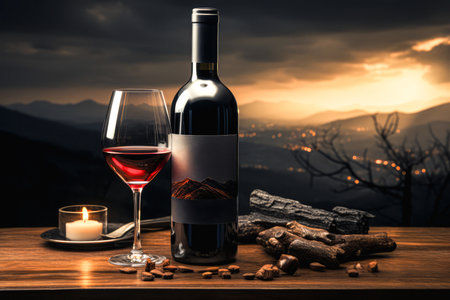 Bottle and glass of red wine on a wooden table against the background of the mountainsの素材