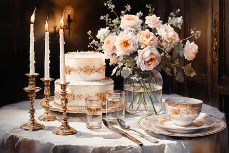 Beautiful wedding cake decorated with flowers and candles on the table.の素材