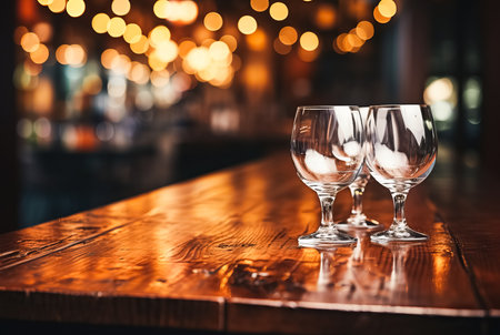 Two glasses of wine on a wooden table in a cafe. Bokeh backgroundの素材