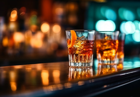 Two glasses of whiskey with ice on a bar counter in a nightclubの素材