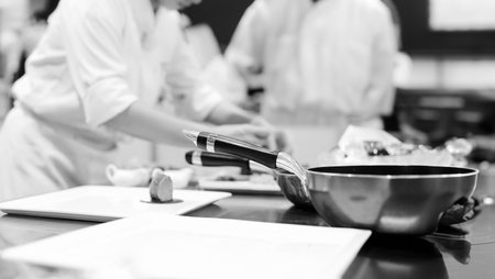 chef preparing food, chef cooking in a kitchen, chef at work, Black and White