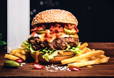 Cheese burger - American cheese burger with Golden French fries and ketchupの素材
