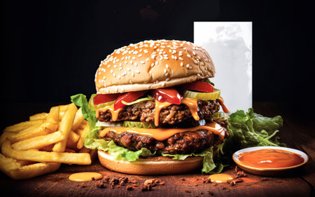 Cheese burger - American cheese burger with Golden French fries and ketchupの素材