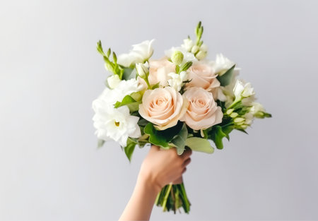 beautiful bridal bouquet in the hands of a girl on a gray backgroundの素材