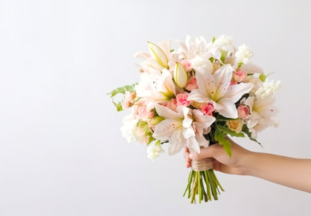 Bouquet of flowers in female hand isolated on white background.の素材