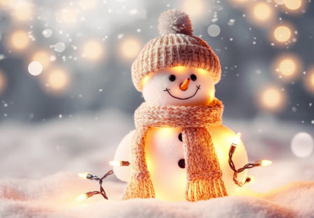 Snowman in knitted hat and scarf with Christmas lights on bokeh backgroundの素材