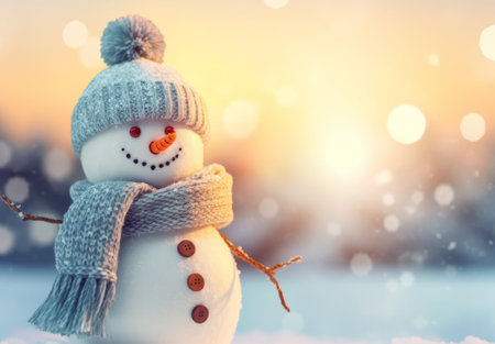 Snowman in a knitted hat and scarf on a background of winter landscape.の素材