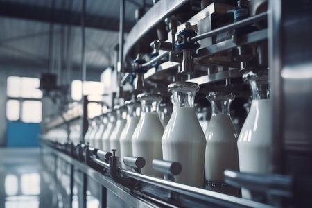 Milk bottles on a conveyor belt in a modern dairy factoryの素材