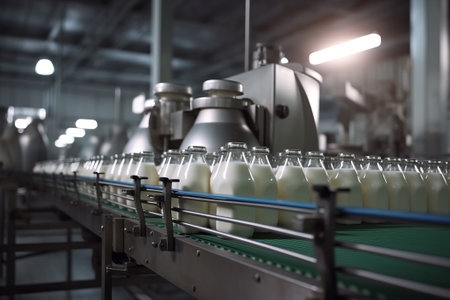 Conveyor belt with bottles of milk at a modern dairy factoryの素材