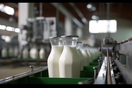 Milk production line. Conveyor belt with bottles of milkの素材