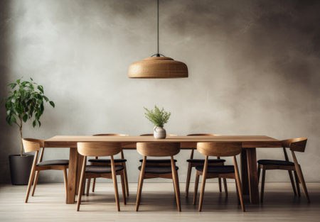 Wooden table and chairs in modern dining room interior. Mock up, 3D Renderingの素材