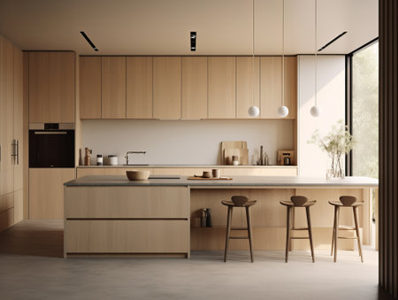 Interior of modern kitchen with beige walls, concrete floor, wooden cupboards and wooden countertops. 3d renderingの素材
