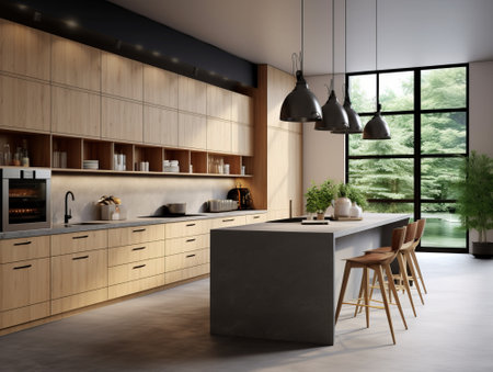 3d render of a modern kitchen in a house with a beautiful designの素材