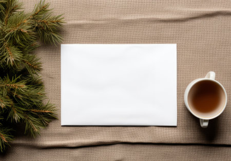 Cup of tea, pine branch and blank paper sheet on linen backgroundの素材