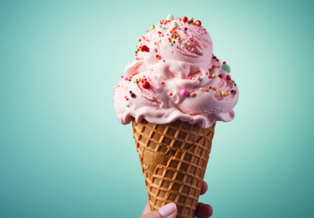Ice cream photo shoot. Ice cream in a waffle cone. Generative AIの素材
